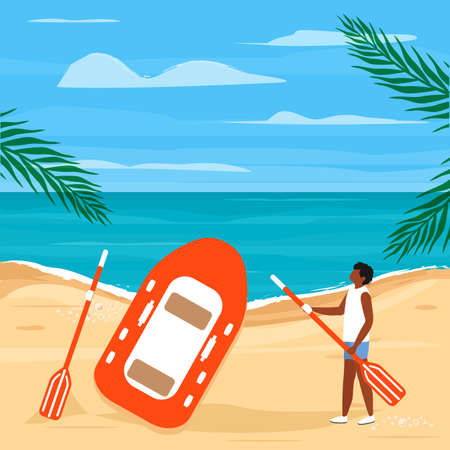 Vector illustration Boy is going to sail on an inflatable boat. sea background. Beach vacation, travel concept. Summer. Sea coast. Paddles. marine. sand.のイラスト素材