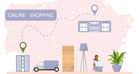 Vector illustration Woman uses a website on laptop to order products. online shopping. Ordering...