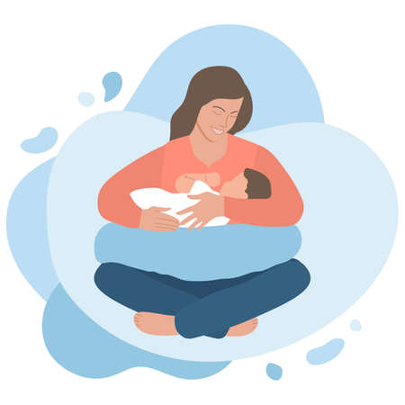 Vector illustration Motherhood, Baby care. Happy new mom holds her baby in her arms. Woman hugs baby. mother's day. Familyのイラスト素材