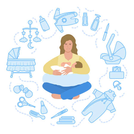 Vector illustration Motherhood Happy new mom holds her baby. Woman hugs baby. Feeding, clothing, toys, health care stuff, accessories. Newborn Mother's Day Family Childhood Parentsのイラスト素材