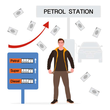 Vector illustration Man is upset. Rising gasoline prices. Gasoline price is getting way too high. Fluctuations prices. Situation on fuel market. business. money. man suffering. stressed person.のイラスト素材