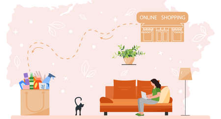 Vector illustration Woman uses a website on laptop to order household supplies. online shopping. Ordering items and products on the Internet. Fast delivery from the store. Shop online from homeのイラスト素材