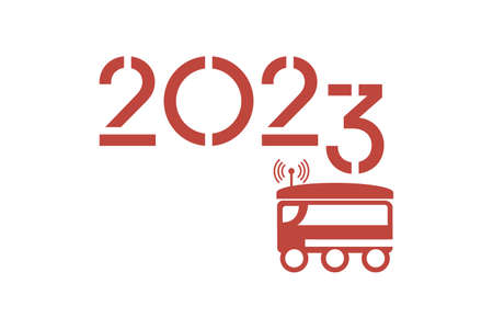 Happy new year 2023 vector illustration. Delivery with robot 2023 years numbers. Festive background....