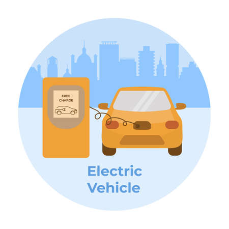 Vector illustration Electric vehicle charging stations Electric car. green energy. New transport eco technologies. ECO friendly. Ecology. environmental protection. Zero emissions. Easy maintenanceのイラスト素材