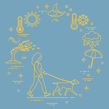 Vector illustration Woman walking dog on leash in any weather. Dog walking, training services. owner. Active recreation concept. Professional Pet Service. Qualified Dog Walker. Sun, cloud, rain, windのイラスト素材