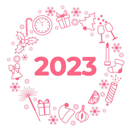 Happy new year 2023, Merry Christmas Vector illustration with Santa hat, Christmas tree, clock, Candy cane, glasses, firecracker, sparkler, gifts, bell, candle, sock, mistletoe. Winter holidayのイラスト素材