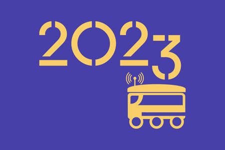 Happy new year 2023 vector illustration. Delivery with robot 2023 years numbers. Festive background. remote device.のイラスト素材