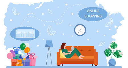 Vector illustration Woman uses a website on laptop to order gifts. online shopping. Ordering items and products on the Internet. Fast delivery from the store. Shop online from home. holiday birthdayのイラスト素材