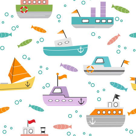 Vector seamless pattern Illustration with travel boats, yacht, ships, fish. Childish background for fabric, textile. Sea, ocean, marine backdrop. cruise transportation.のイラスト素材