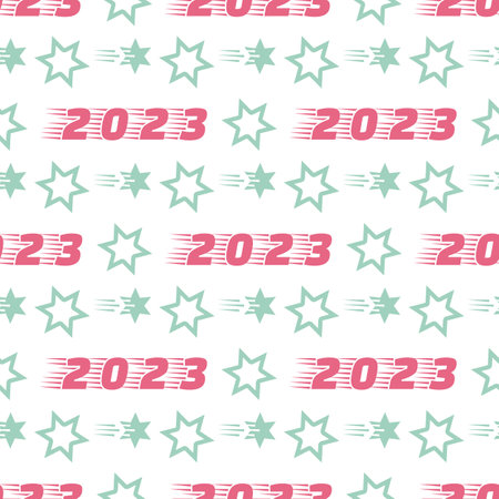 Happy New Year 2023, Merry Christmas seamless pattern. Vector illustration with stars and numbers...
