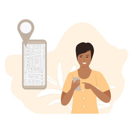 Vector illustration Woman using maps app on cell phone Girl trying to navigate terrain, building route Search by geolocation GPS navigator Tracking location of person Maps navigation with point markerのイラスト素材
