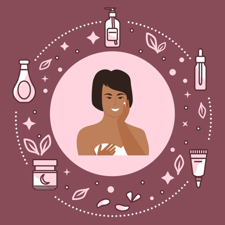 Vector illustration Cosmetic products ad, skin care ad. Woman applying moisturizing cream. Girl taking care of skin by applying moisturizer every day. Beauty Routine Anti-aging Lifting Natural Organicのイラスト素材
