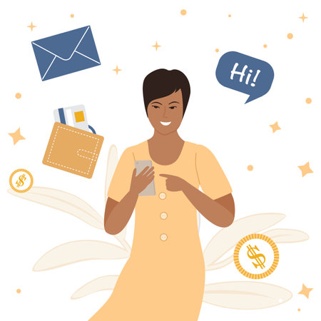 Vector illustration Woman using app for communication, payment on cell phone. Notification social media. Information flow, internet communication via messenger, data transfer, online instant messagingのイラスト素材