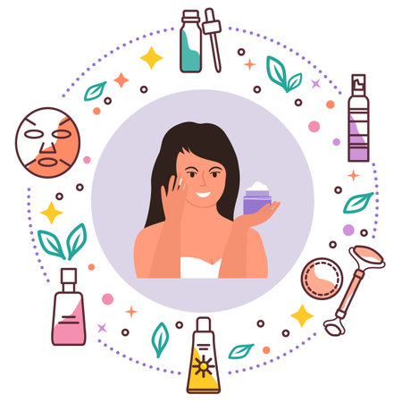 vector illustration. cosmetic products ad. Multi-stage facial skin care. Woman applying moisturizing cream. Girl taking care of skin every day. Beauty Routine Anti-aging Lifting Natural Organicのイラスト素材