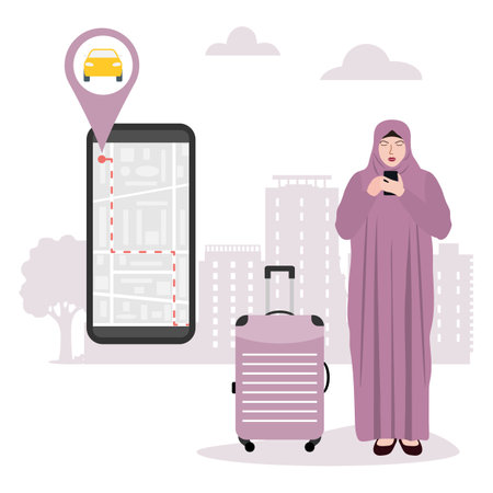 Vector illustration Muslim female uses application on cell phone for rental car Carsharing Car sharing Car clubs Digital online search People rent car Vehicle Transport Mobility Transportation Networkのイラスト素材