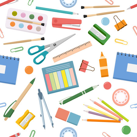 Vector seamless pattern Stationery items for school. Illustration Goods for training. back to school. Notebook Pen Pencil Compass Ruler Protractor Paper clip Education background Chancellery Officeのイラスト素材