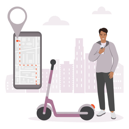 Vector illustration Man uses application on cell phone for search the nearest rental, parking of electric scooters. Scooter-sharing system Public transport service People. route. Location Map appのイラスト素材