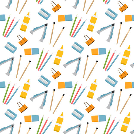 Vector seamless pattern Stationery items for school Illustration Goods for training. back to school. Pencil Paintbrush Sharpener Staple remover Eraser Glue Paper clips Education background Chancelleryのイラスト素材