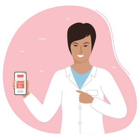 Vector illustration Nutritionist holds cell phone with vitamin B2, recommends taking it Doctor talks about benefits of essential vitamins and minerals for human health Consultations about supplementのイラスト素材