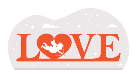 Vector illustration Happy Valentine's Day. Love inscription Romantic concept. Together. couple in love. Relationship Heart Cupid shoots a bowのイラスト素材