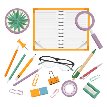 Vector illustration Set of stationery items for school. Goods for training. back to school. Notebook Pen Pencil Sharpener Paper clip Glasses Eraser Education background Chancellery Officeのイラスト素材