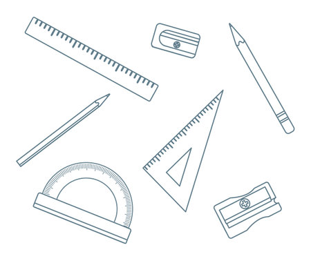 Vector illustration Stationery items for school. Goods for training. back to school. Pencil Rulers Sharpener Protractor Education background Chancellery Office Draw Engineering graphics Design Drawingのイラスト素材