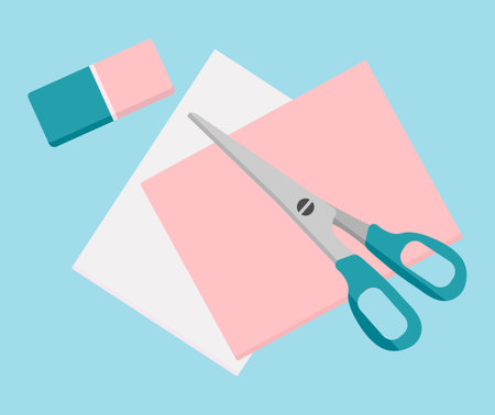 Vector illustration Stationery items for school. Goods for training. back to school. Scissors Eraser Education background Chancellery Office Cut crafts Paper cuttingのイラスト素材