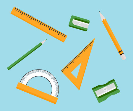 Vector illustration Stationery items for school. Goods for training. back to school. Pencil Rulers Sharpener Protractor Education background Chancellery Office Draw Engineering graphics Design Drawingのイラスト素材