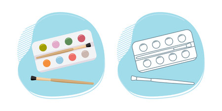 Vector illustration Coloring book Stationery items for school. Goods for training. back to school. Paints Brush Education background Art supplies Artist Studio Chancellery Draw Accessories for drawingのイラスト素材