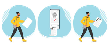 Person uses an artificial intelligence chatbot developed by OpenAI, smart AI. Chat bot helps to make resume on cell phone. People using neural network. Chat ChatGPT Vector illustrationのイラスト素材