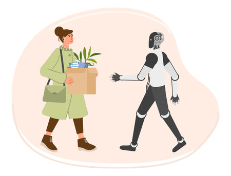 Girl comes to work with box. Robot meets, stretches out her hand to greet. People Worker Recruitment. cooperation, joint work. office concept. Hire at job. artificial intelligence Vector illustrationのイラスト素材