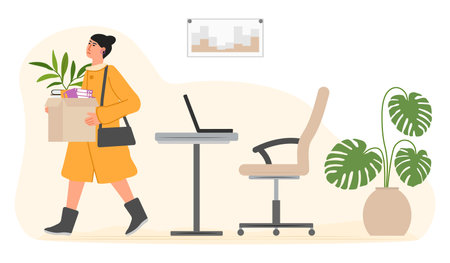 Dismissed employee holding belongings box. Unemployment, crisis, jobless and employee job reduction concept. Sad girl quits her job. Dismissal. people. office. female worker fired. vector illustrationのイラスト素材