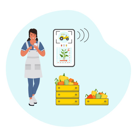 Girl controls smart agricultural harvesting system by digital device Agriculture Vector illustration Growing plants. Farming robotics technology. Pepper. fresh farm harvested vegetables in wooden boxのイラスト素材