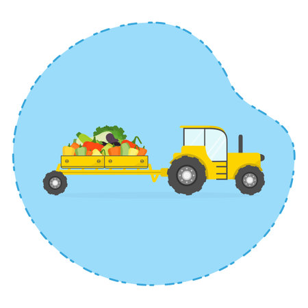 Agriculture Harvesting vector illustration. Agricultural Tractor with trailer, cabbage, pepper, zucchini, eggplant. Fresh farm harvested vegetables. Agriculture, nature and farming. Growing eco plantsのイラスト素材