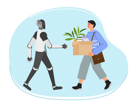 Girl comes to work with box. Robot meets, stretches out her hand to greet. People Worker Recruitment. cooperation, joint work. office concept. Hire at job. artificial intelligence Vector illustrationのイラスト素材