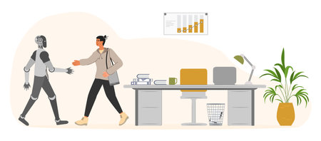 Man and robot hold out their hands to each other to greet. interaction. people. cooperation, joint work. Artificial intelligence Collaboration Friendship Teamwork Vector illustrationのイラスト素材