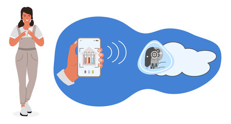 Girl receives on phone results of tests with recommendations made by medical robot. medicine vector illustration. health care. Automated robotic laboratory. Modern technology. Robot make medical testsのイラスト素材