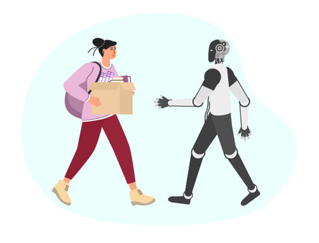 Girl comes to work with box. Robot meets, stretches out her hand to greet. People Worker Recruitment. cooperation, joint work. office concept. Hire at job. artificial intelligence Vector illustrationのイラスト素材