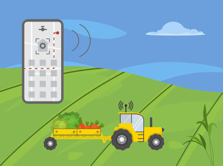 Remote control from digital device of harvesting and transportation of crops. Smart agricultural system Agriculture Farming robotics technology Vector illustration Vegetables Cabbage Carrotのイラスト素材