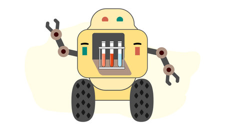 Robot make medical test. Automated laboratory Robotic technology Robot make test in flasks on professional lab equipment Medicine Scientific vector illustration. health care. Scienceのイラスト素材