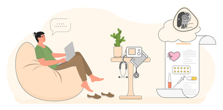 Man sitting at home, next to table with pressure measuring device. Chat with medical robot. medical vector illustration. Medicine Health care Treatment prescriptions Pills Injections Cardiogramのイラスト素材