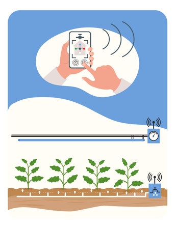 Person controls smart agricultural system by digital device Vector illustration. Hydroponics, aeroponics process of growing plants Smart garden beds Farming robotics technologyのイラスト素材
