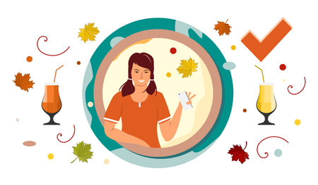 Girl orders alcoholic drinks, cocktails from her cell phone Vector illustration Glass Maple leaves Drinking alcohol. Party concept. Holiday Celebration Autumnのイラスト素材
