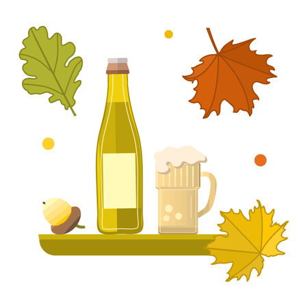 Beer Festival  Festive vector illustration Beer bottle Mug Glass Maple leaves Drinking alcohol. Munich Beer party concept. Holiday Celebration Germany Autumnのイラスト素材