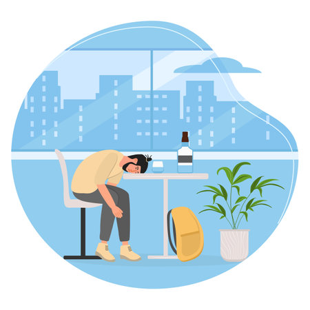 Alcoholism problem vector illustration. Unhealthy lifestyle. Alcoholic. Bad, harmful habit. Drunk man lying on table with bottle and glass. Guy drinking alcohol. Alcohol addiction. Severe intoxicationのイラスト素材