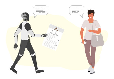 Person receives test results, treatment appointments from medical robot. Artificial technology assisted services help patient in internet. Doctor Online Medicine Health Check-up Vector illustrationのイラスト素材