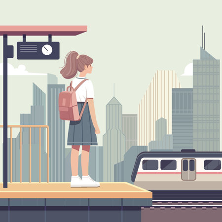 Vector illustration Girl with backpack waiting for train, an electric train on railway platform. Returning from school. Trip. City. Urban. Public transport. Passenger. Transportationのイラスト素材