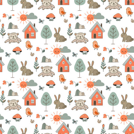 Vector kid seamless pattern Cute baby print with house, sun, tree, mushroom, flowers, cloud, butterfly, bird, hare. Illustration for children's room, clothes, kid carpet, textile, wallpaper Backgroundのイラスト素材
