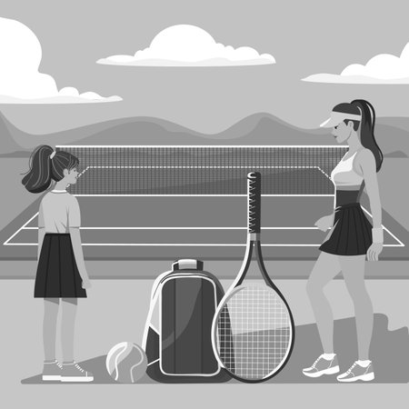 Vector Illustration for sports, game competition. Girl learning to play tennis. Court Racket Ball Backpack Tournament Championship Hobby Entertainment Sports equipment Club Healthy lifestyleのイラスト素材
