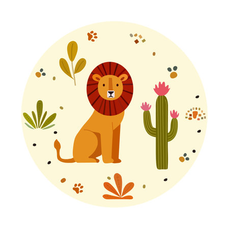 Vector Childish, Babies Illustration with cute cartoon animal, plant. Lion Cactus Africa Savannah Safari Wildlife Zoo Design of posters, textiles, clothesのイラスト素材